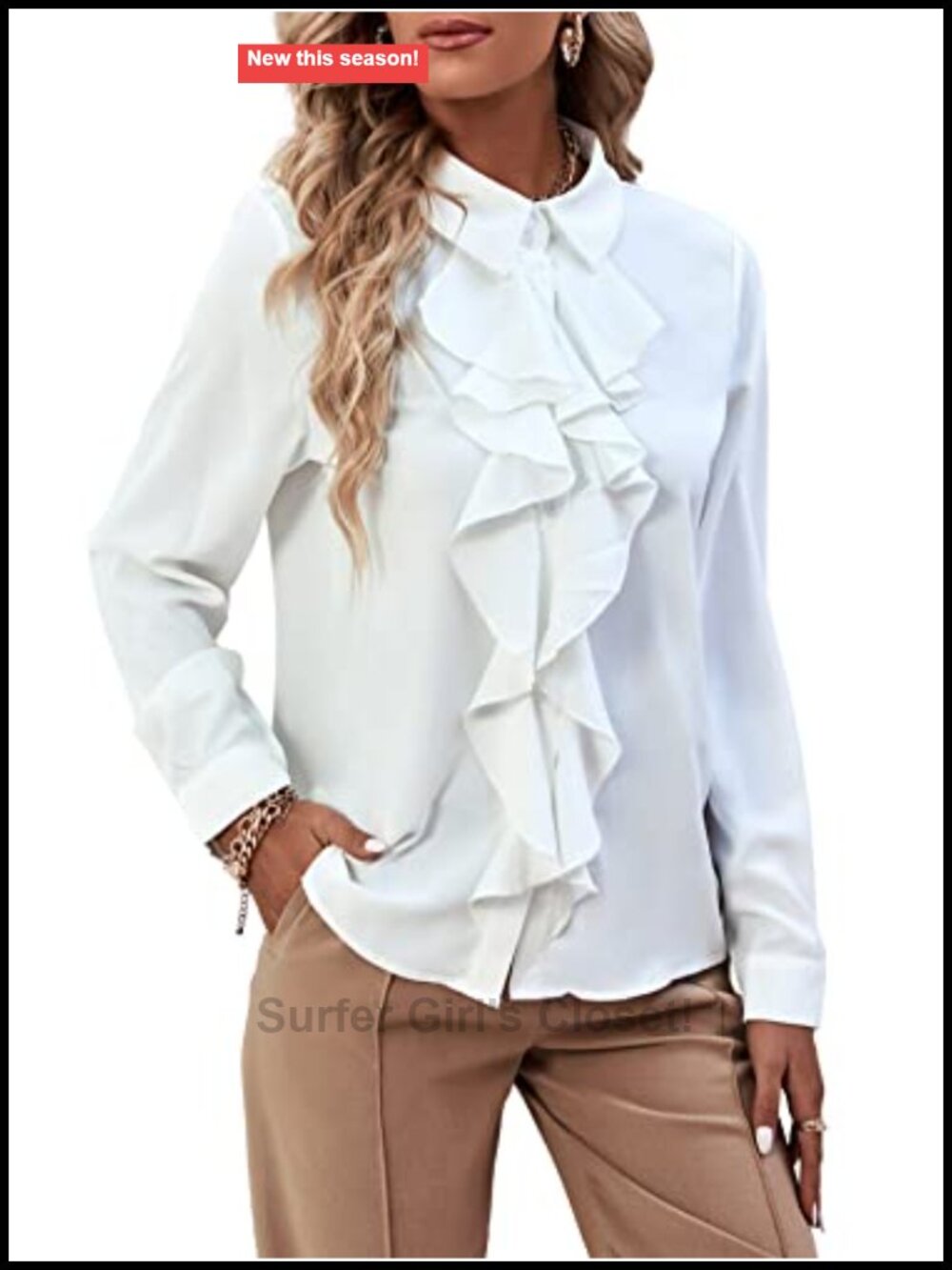 Ruffle Front Button Down Blouse Long Sleeve Collared Loose Fit Work Top